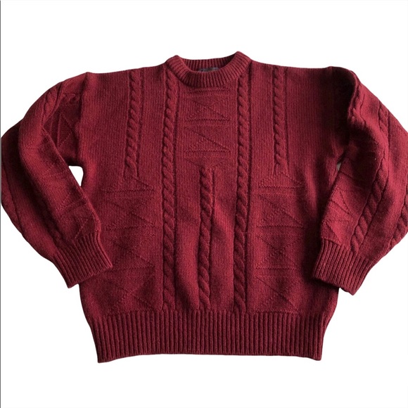 Vintage Other - Vintage Shetland Wool Burgundy Cable Knit Crew Neck Fisherman Sweater
